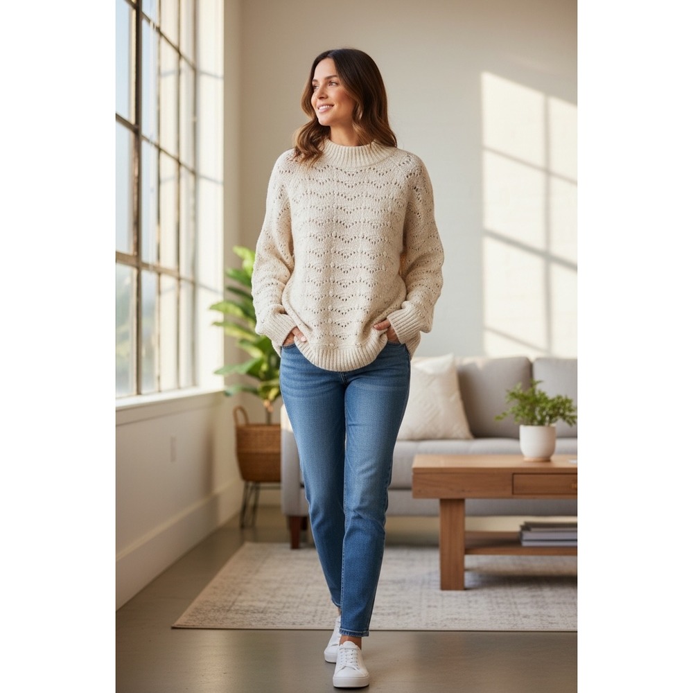 Time and Tru Women Cream Cable Knit Mock Neck Sweater Metallic Thread XL